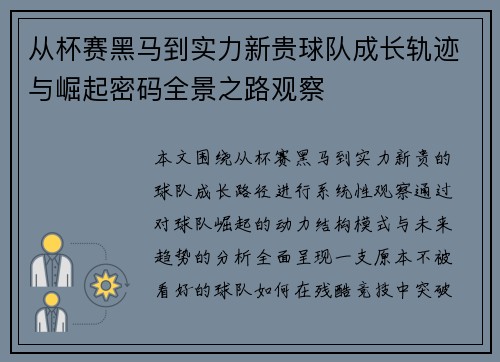 从杯赛黑马到实力新贵球队成长轨迹与崛起密码全景之路观察